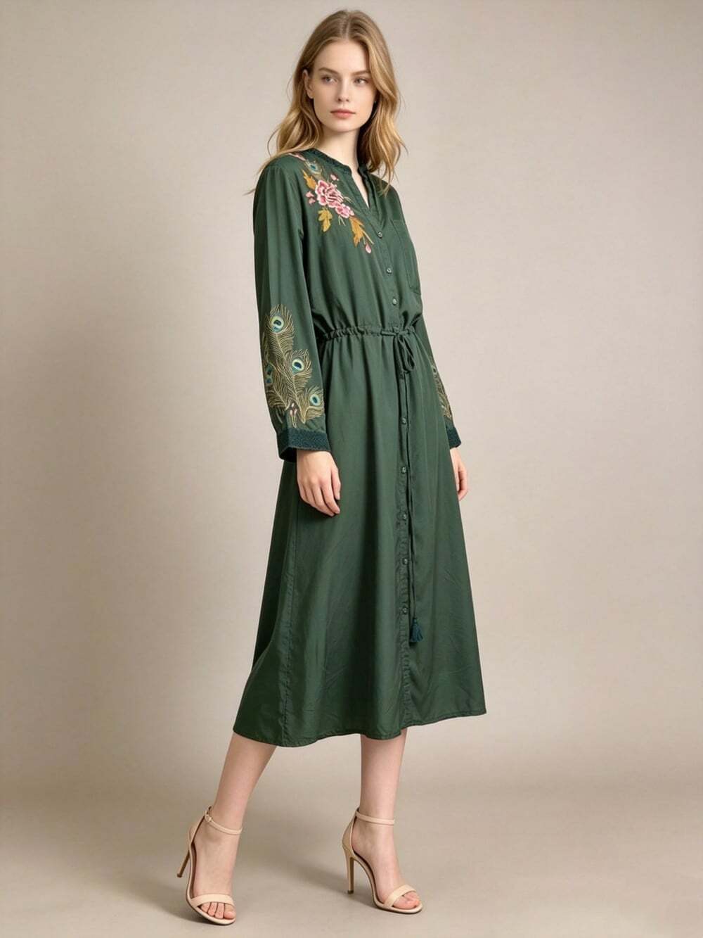 NWOT Johnny Was Silk Floral Peacock Embroidery Midi Dress Green Size S